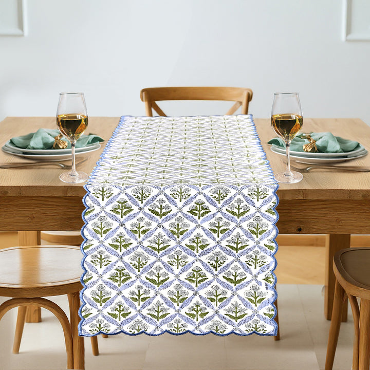 Light Steel Blue Embroidery Scallop Table Runner