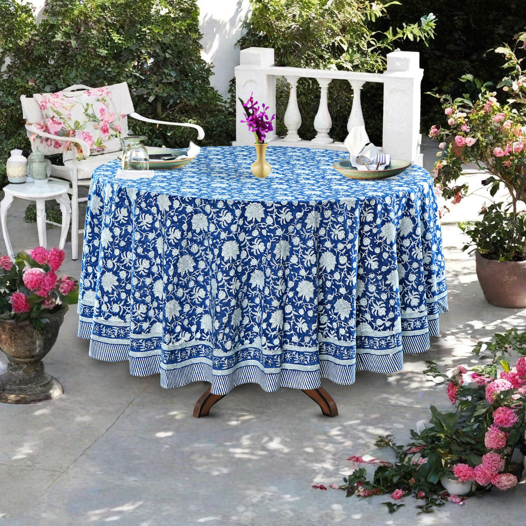 Aegean Blue Indian Floral Hand- Block Printed Cotton Round Tablecloth