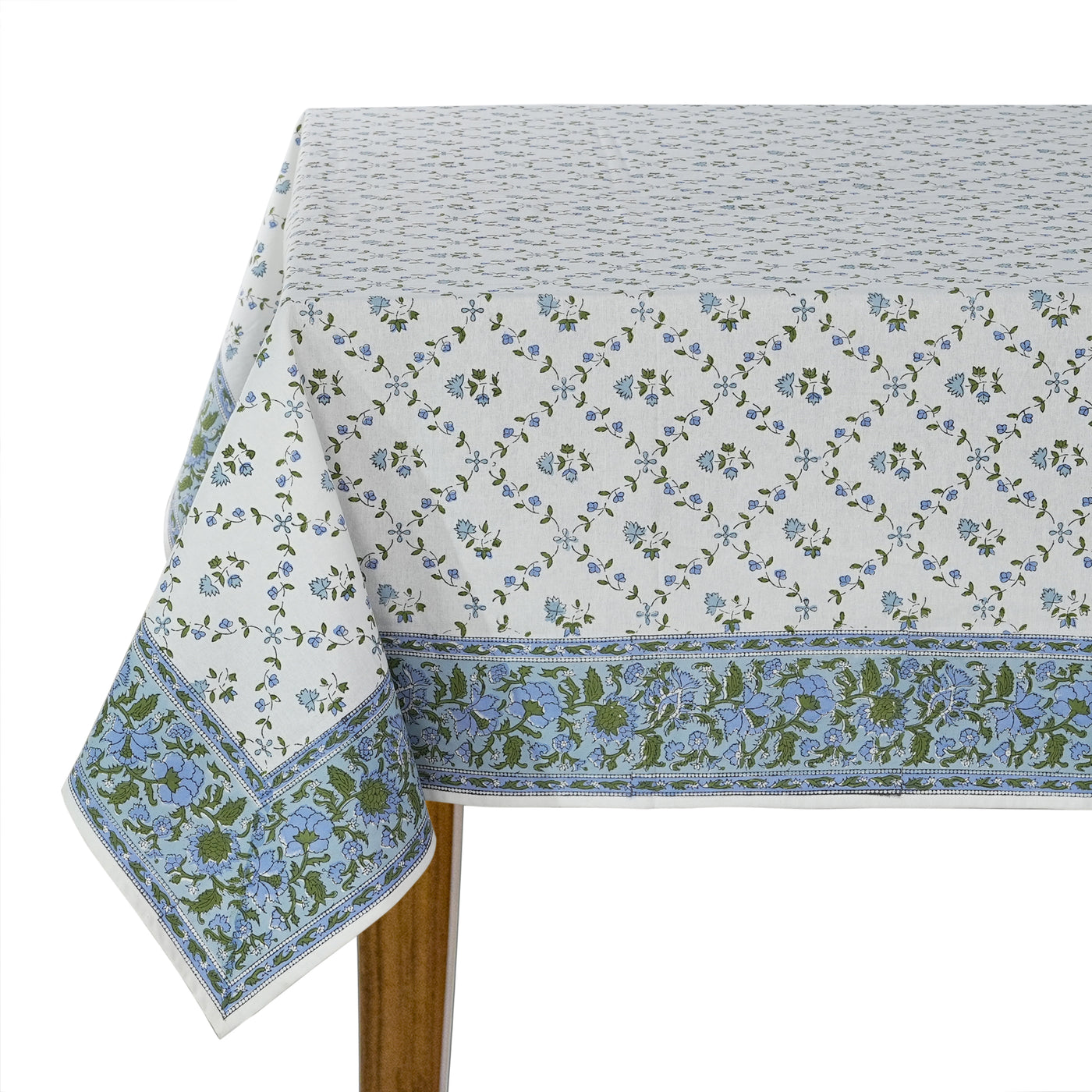 Fabricrush Powder Blue Indian Hand Block Floral Printed Cotton Table Cover, Table Top, French Tablecloth