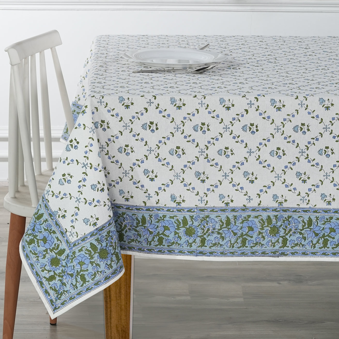 Fabricrush Powder Blue Indian Hand Block Floral Printed Cotton Table Cover, Table Top, French Tablecloth