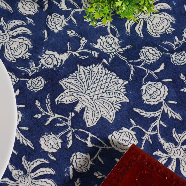 Aegean Blue Indian Floral Hand- Block Printed Cotton Round Tablecloth