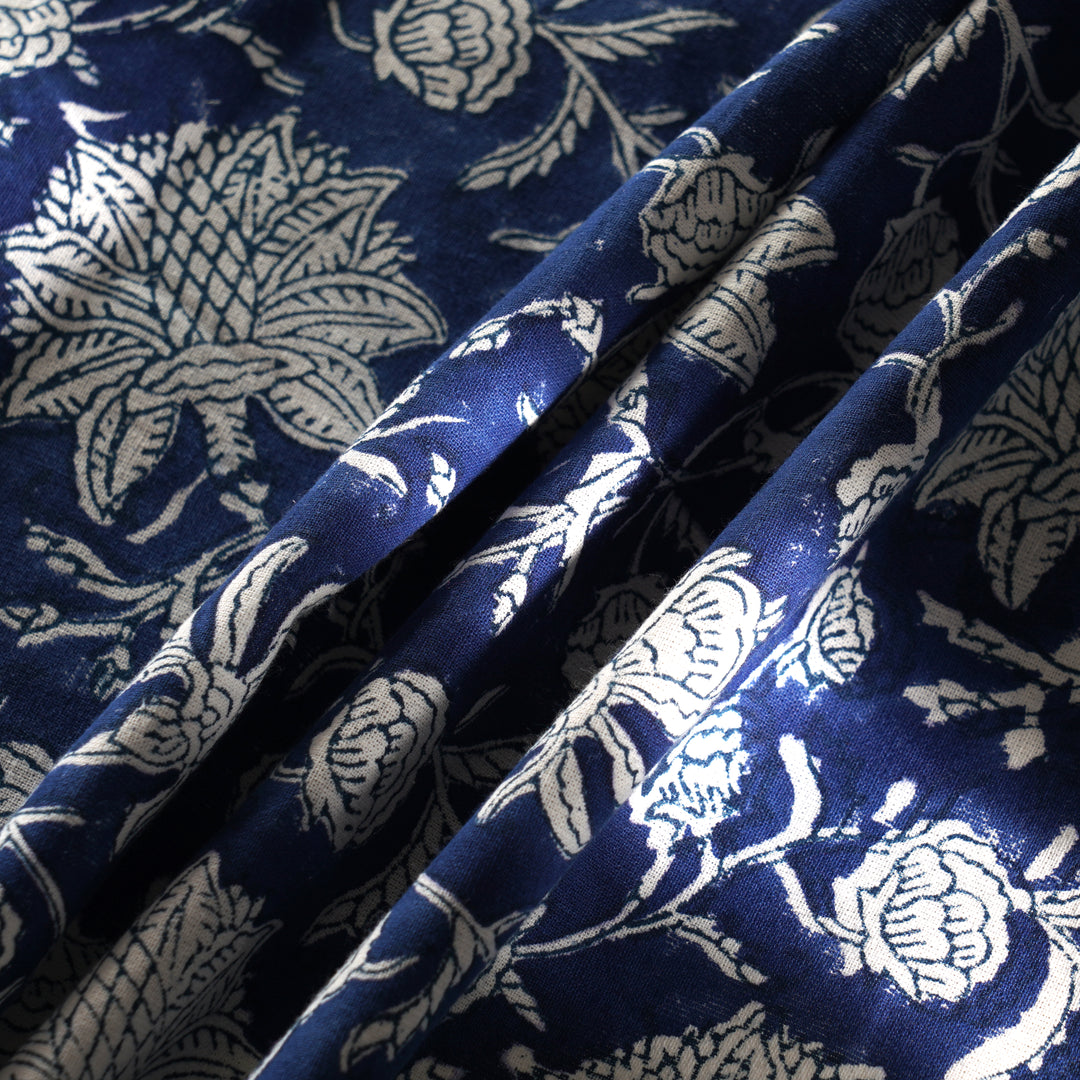 Aegean Blue Indian Floral Hand- Block Printed Cotton Round Tablecloth