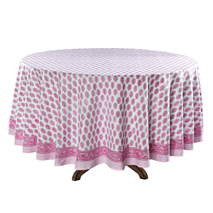 Taffy Pink Leaf Print Hand-Block Printed Cotton Round Tablecloth