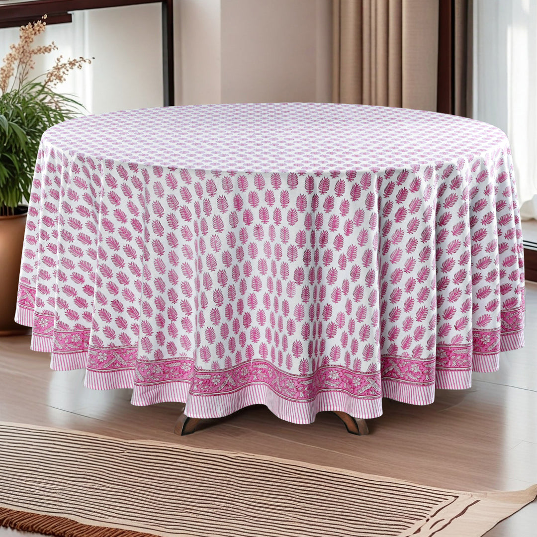 Taffy Pink Leaf Print Hand-Block Printed Cotton Round Tablecloth