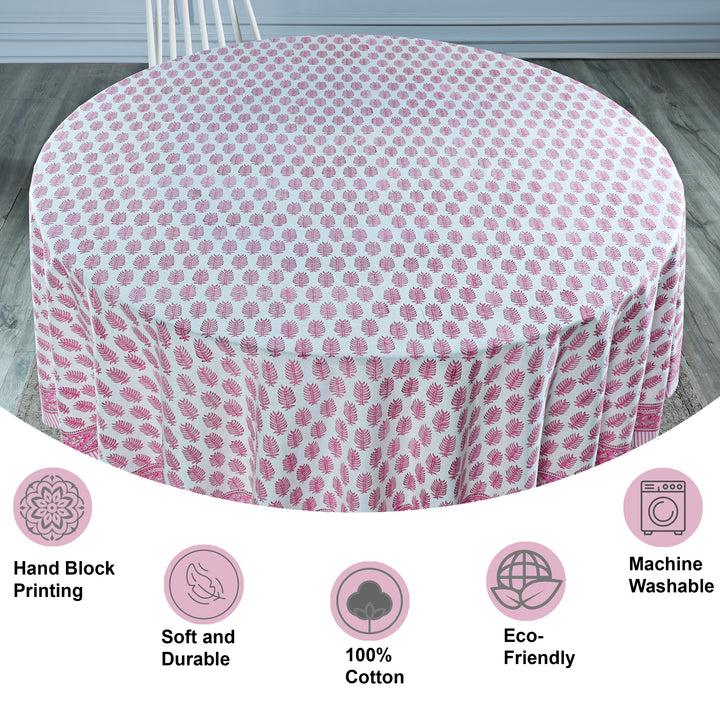 Taffy Pink Leaf Print Hand-Block Printed Cotton Round Tablecloth