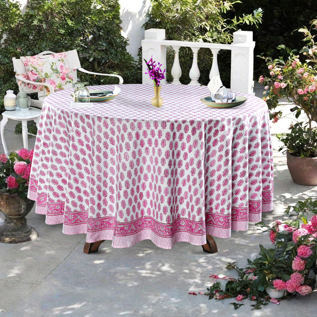 Taffy Pink Leaf Print Hand-Block Printed Cotton Round Tablecloth