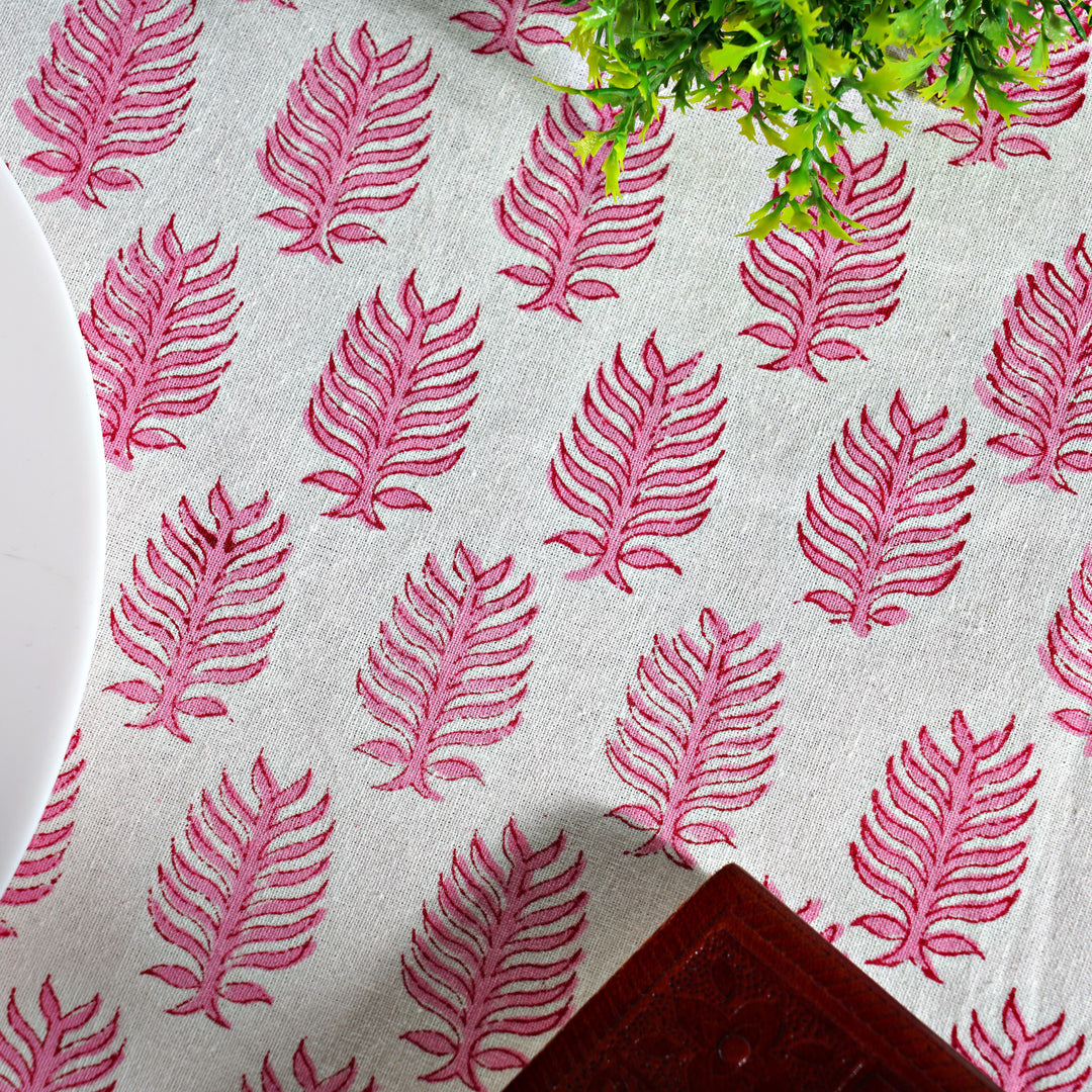 Taffy Pink Leaf Print Hand-Block Printed Cotton Round Tablecloth