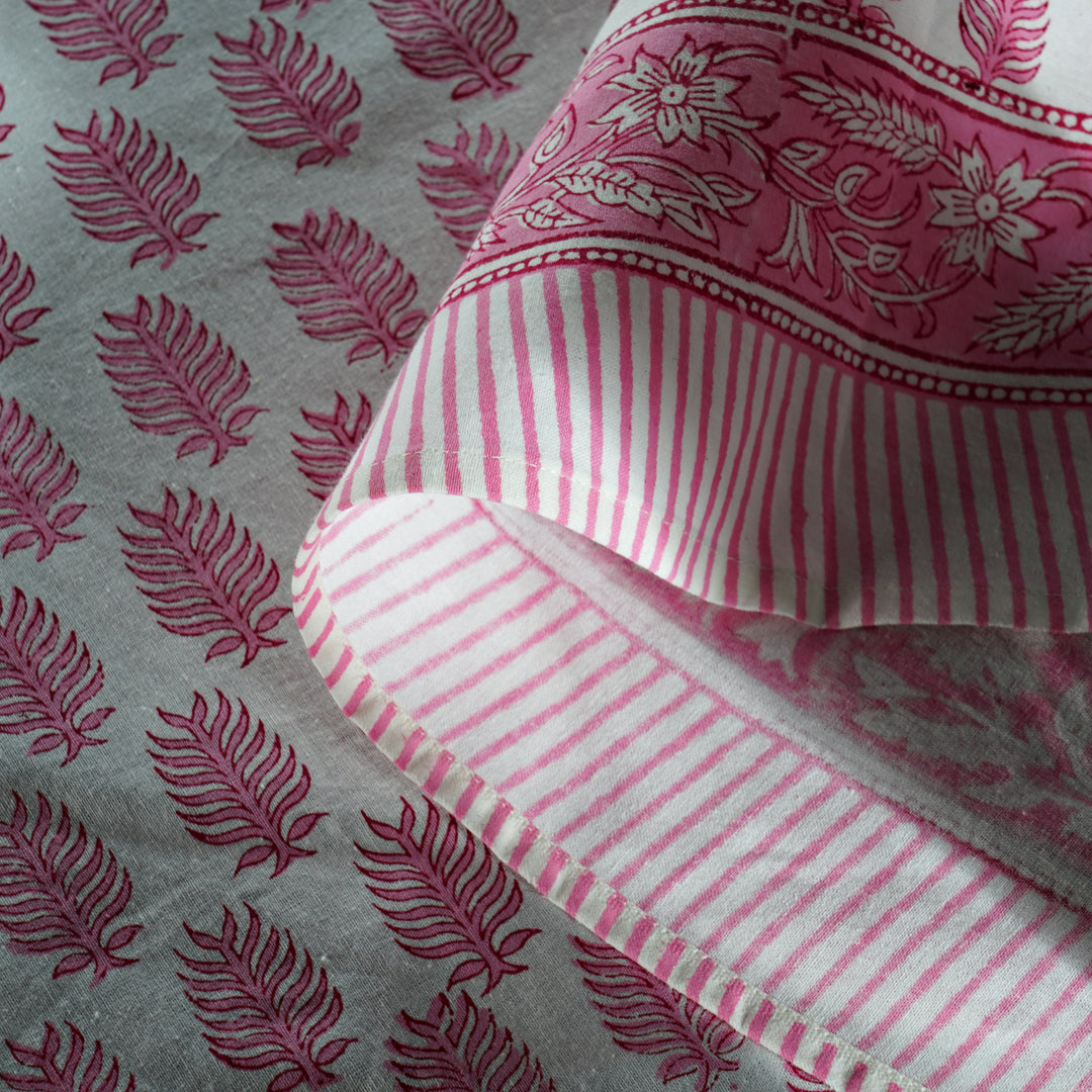 Taffy Pink Leaf Print Hand-Block Printed Cotton Round Tablecloth