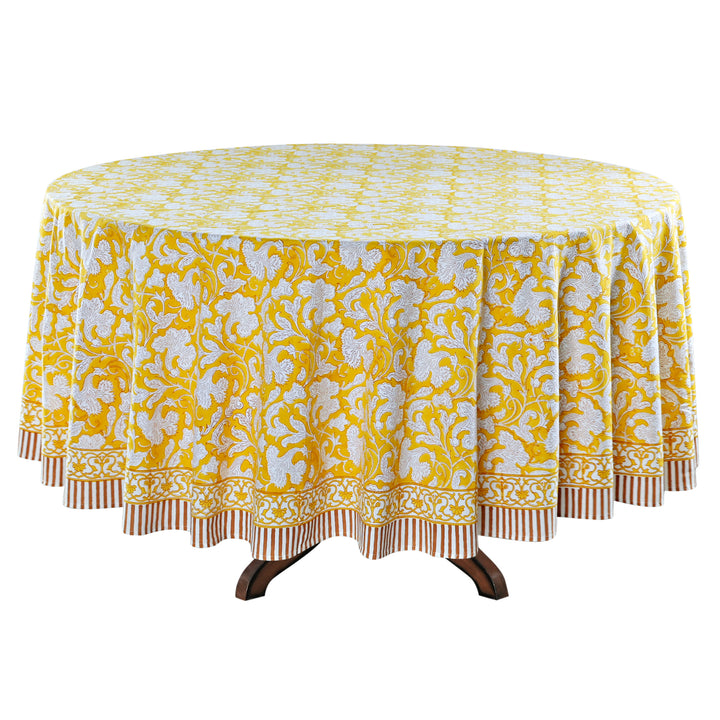 Saffron Yellow Indian Floral Hand-Block Printed Cotton Round Tablecloth