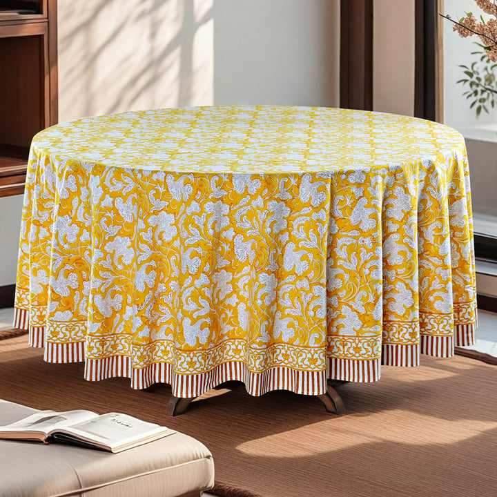 Saffron Yellow Indian Floral Hand-Block Printed Cotton Round Tablecloth