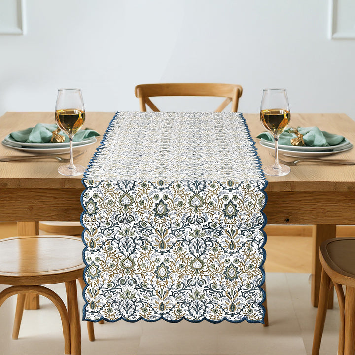 Indigo Floral Scallop Embroidery Table Runner
