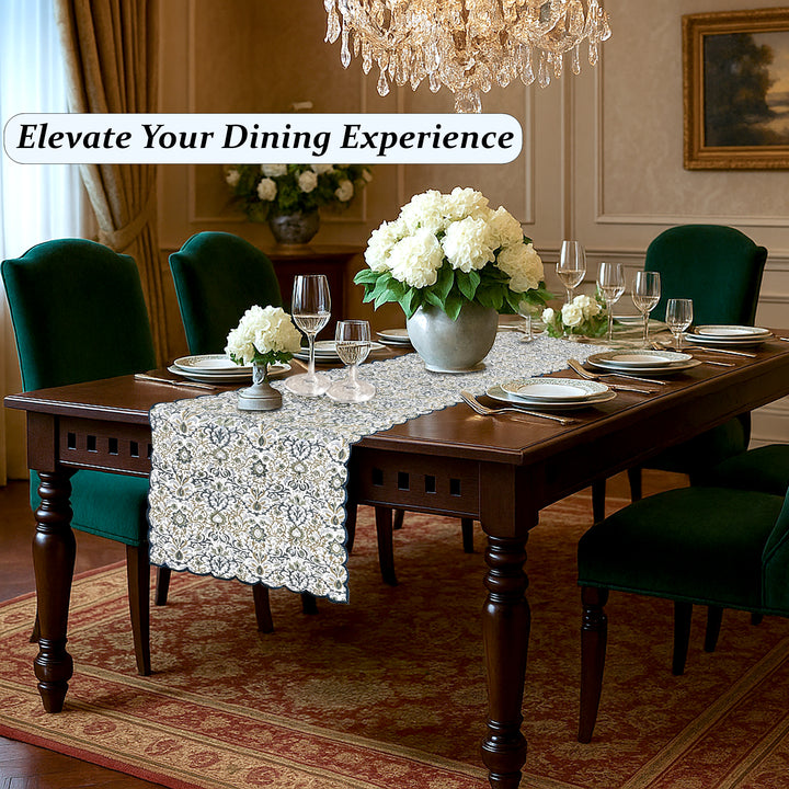 Indigo Floral Scallop Embroidery Table Runner