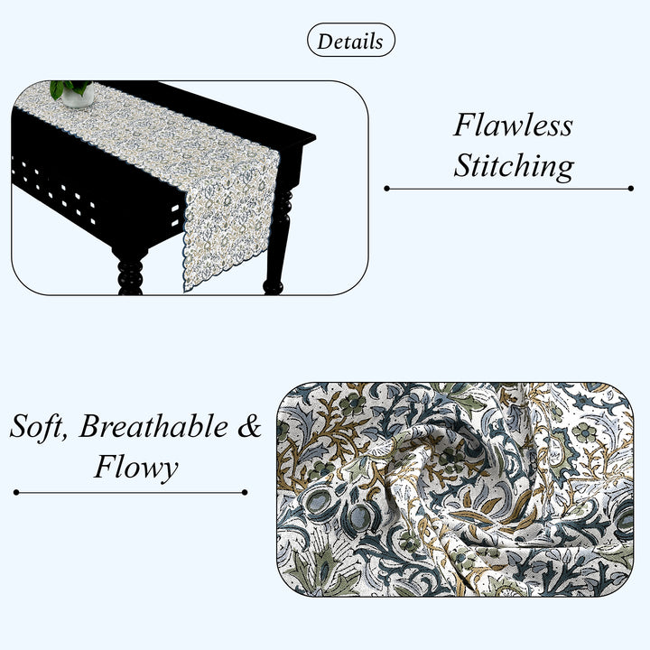 Indigo Floral Scallop Embroidery Table Runner