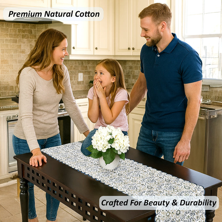 Indigo Floral Scallop Embroidery Table Runner