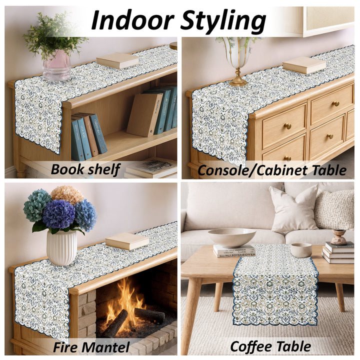 Indigo Floral Scallop Embroidery Table Runner