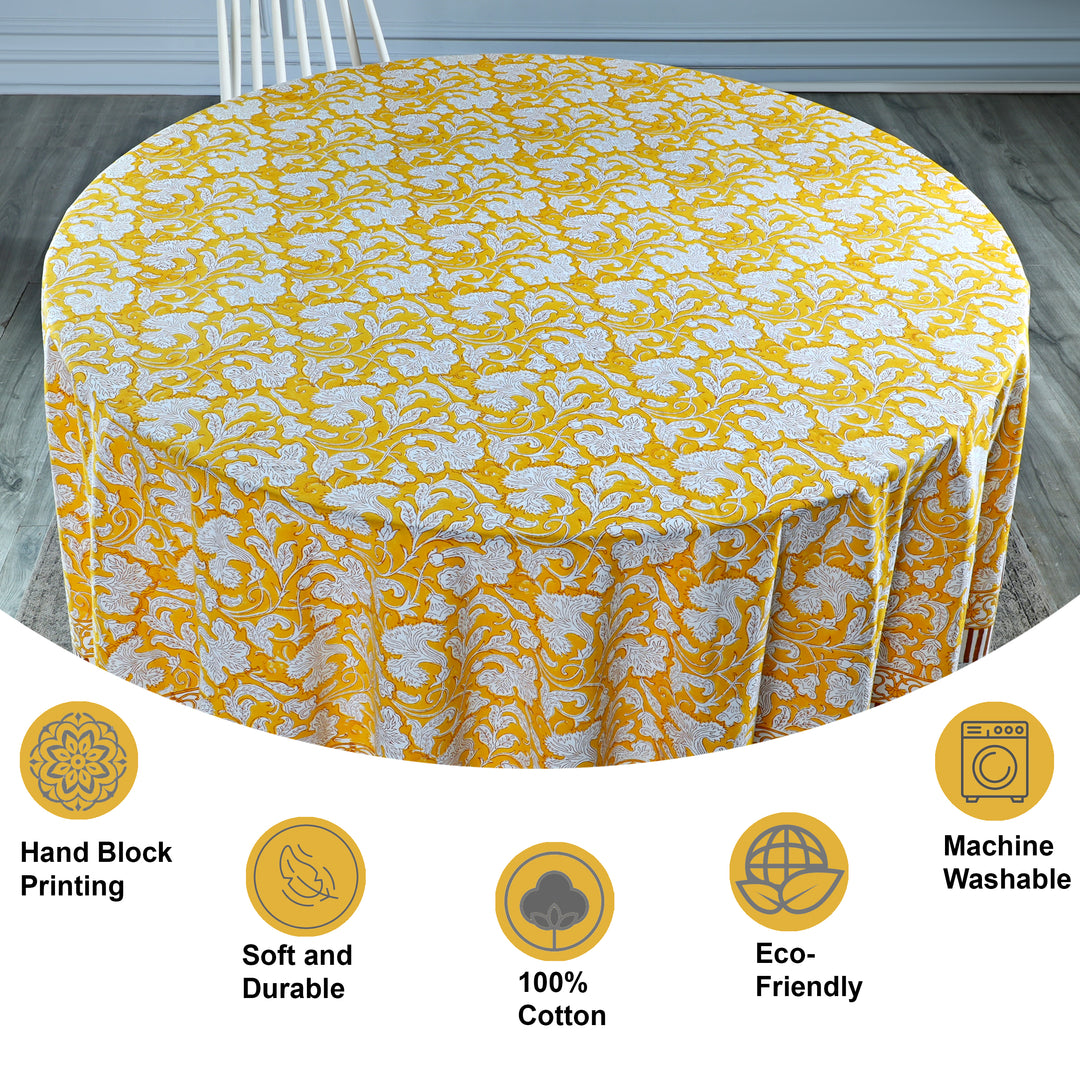 Saffron Yellow Indian Floral Hand-Block Printed Cotton Round Tablecloth