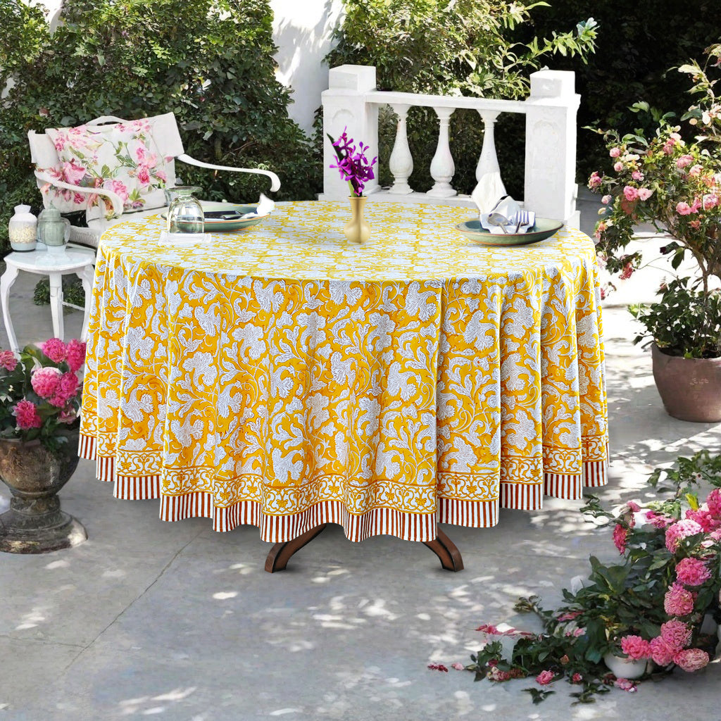 Saffron Yellow Indian Floral Hand-Block Printed Cotton Round Tablecloth