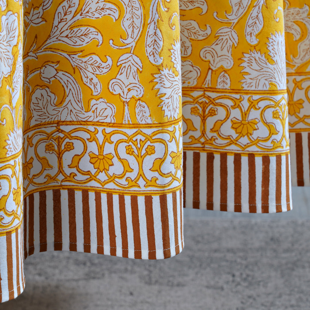 Saffron Yellow Indian Floral Hand-Block Printed Cotton Round Tablecloth