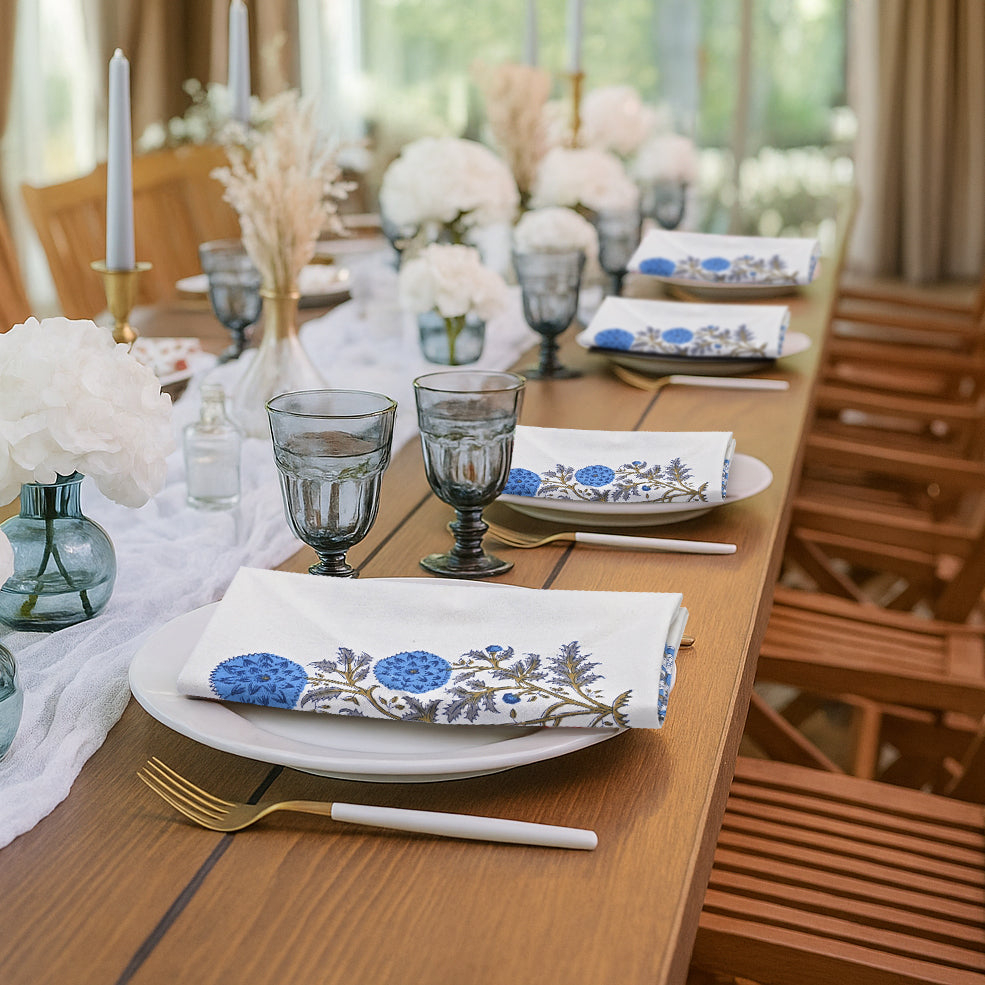 Dodger Blue Floral-Print Border Napkins