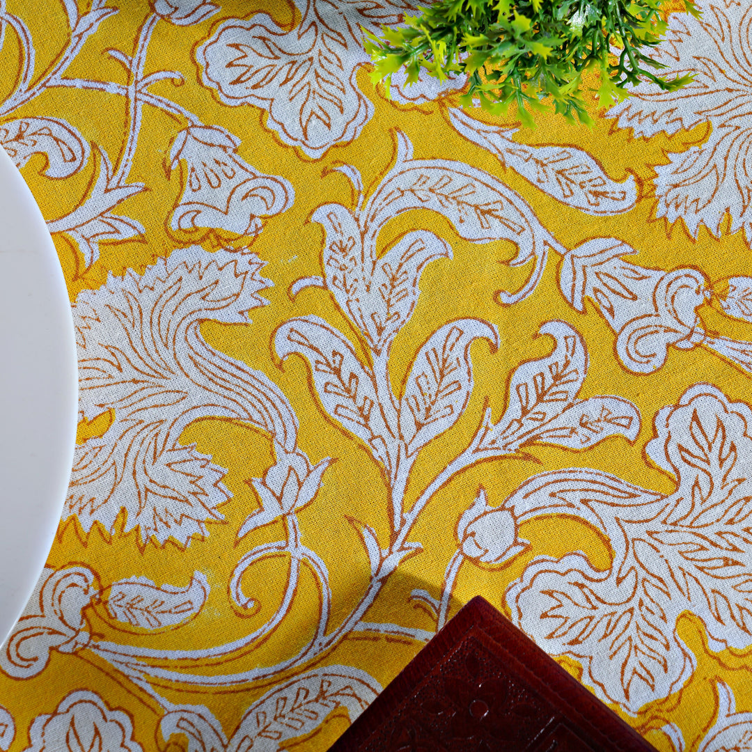 Saffron Yellow Indian Floral Hand-Block Printed Cotton Round Tablecloth