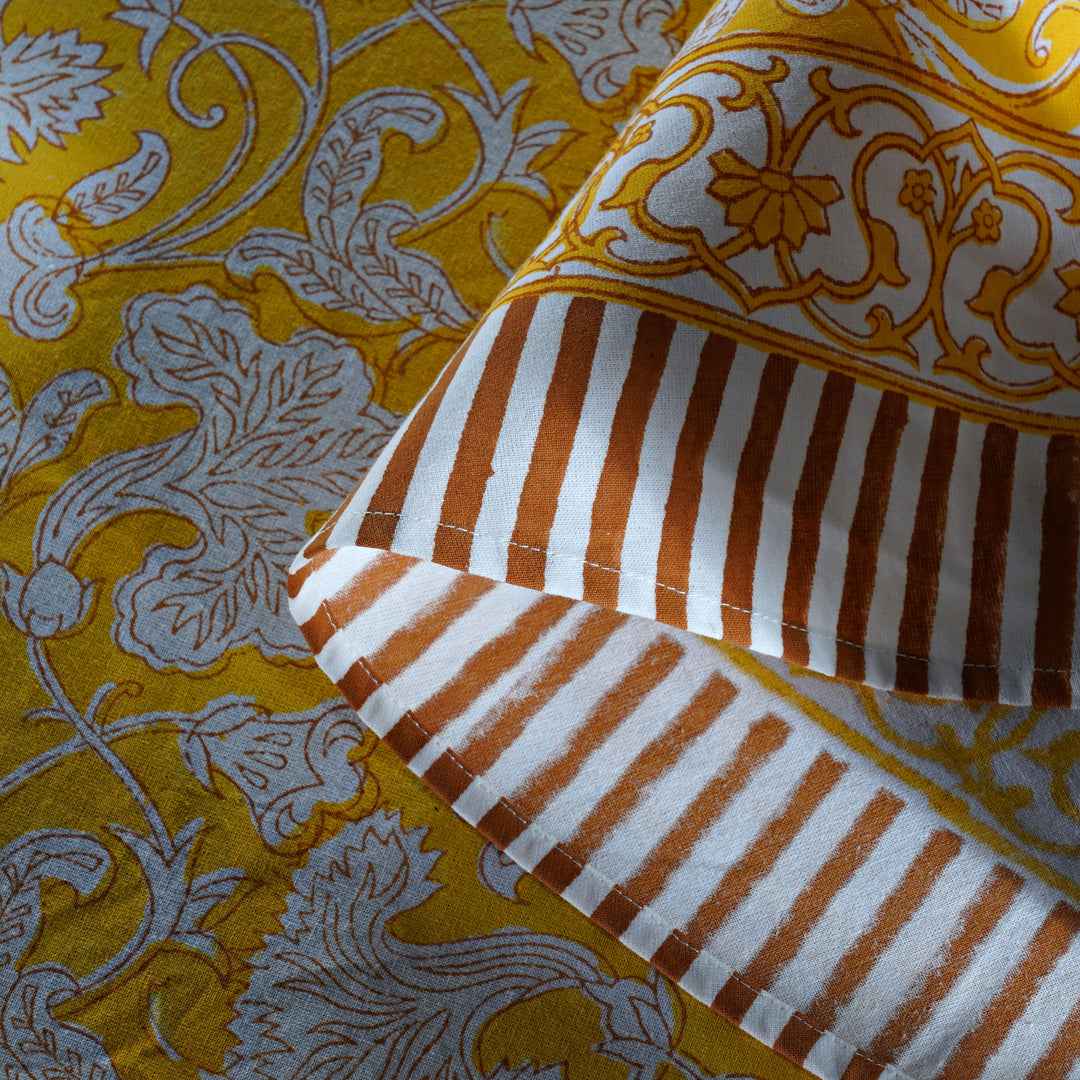 Saffron Yellow Indian Floral Hand-Block Printed Cotton Round Tablecloth