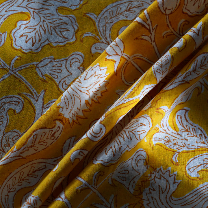 Saffron Yellow Indian Floral Hand-Block Printed Cotton Round Tablecloth