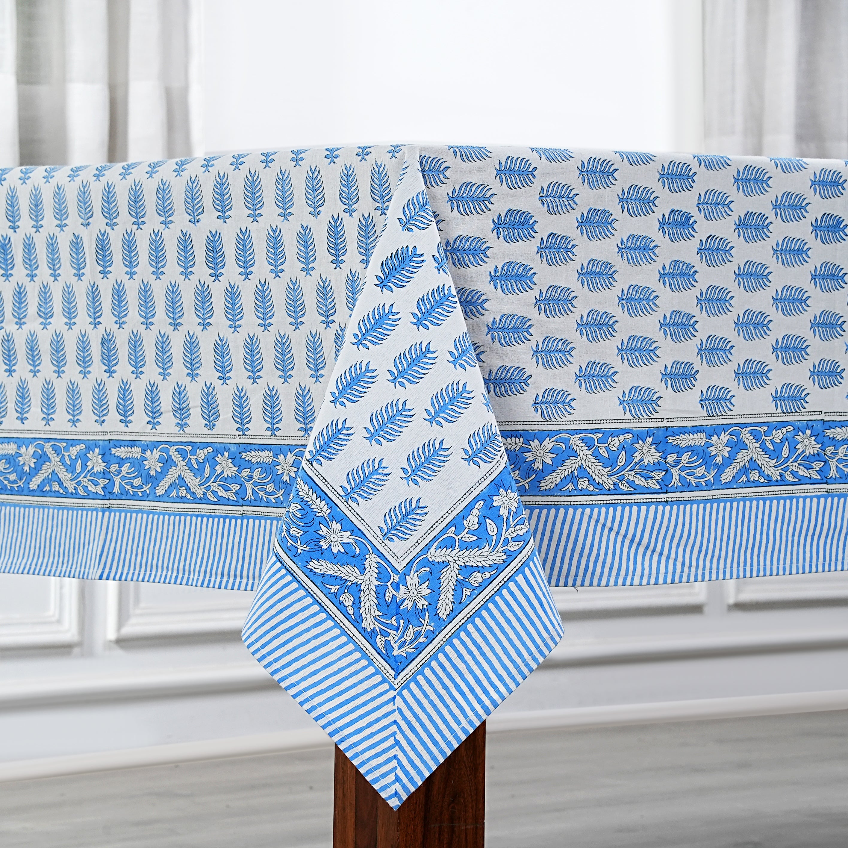 Cerulean Blue Leaf Print Tablecloth