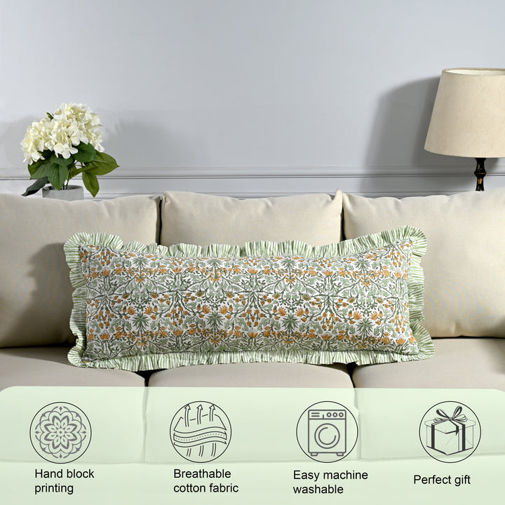 Wood Block Printed Goldenrod Yellow Ruffle 14x36 Lumbar Pillow Cover Product Image 5