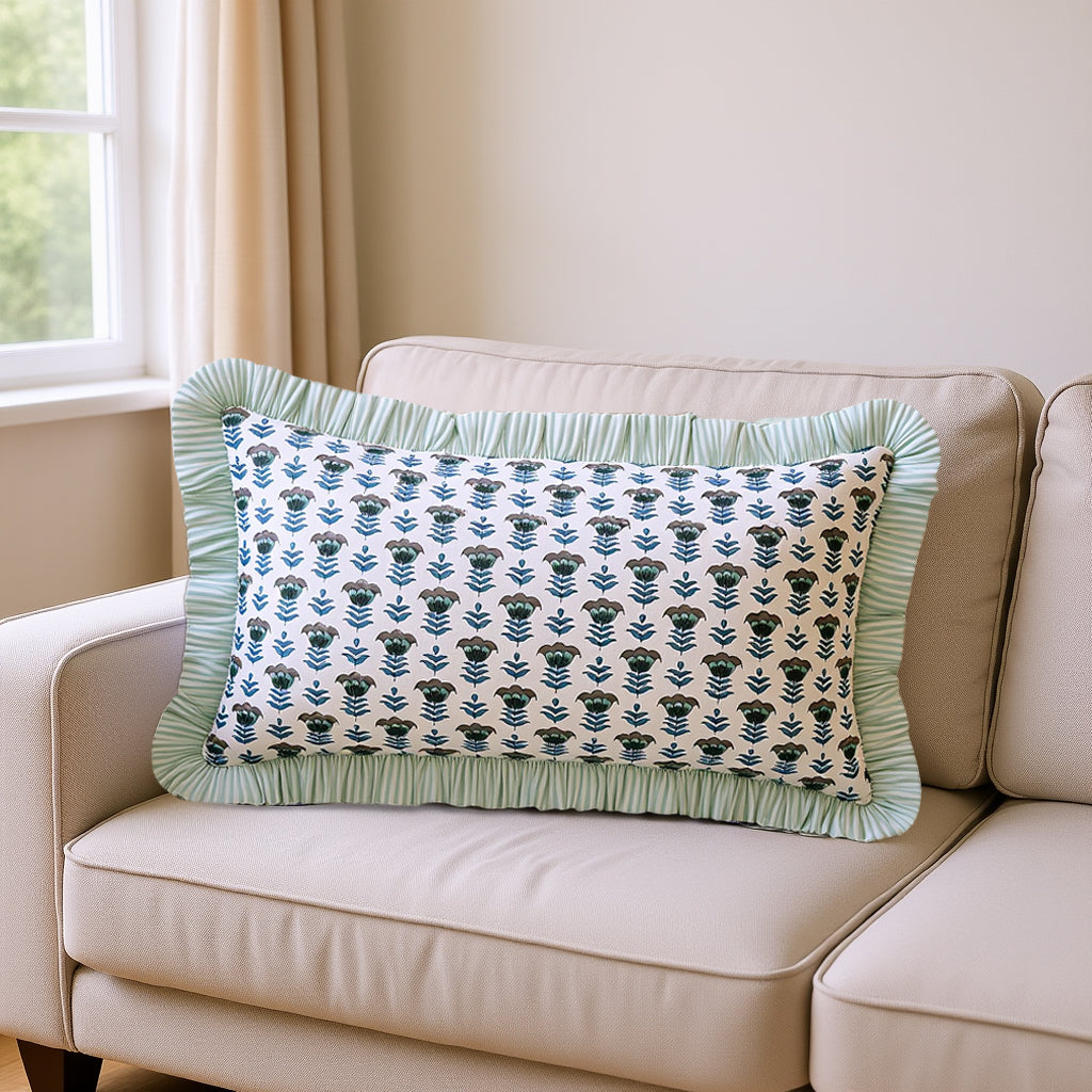 Aquamarine Blue Ruffle 12x20 Inches Lumbar Pillow Cover