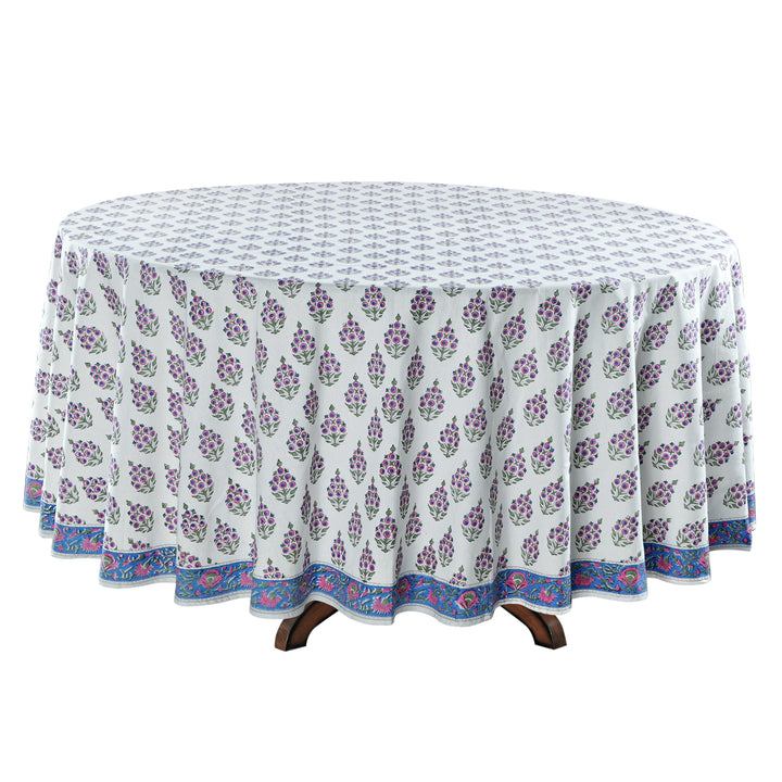 Rudy Blue Border, Pink and Green Indian Floral Block Printed Cotton Round Table cover