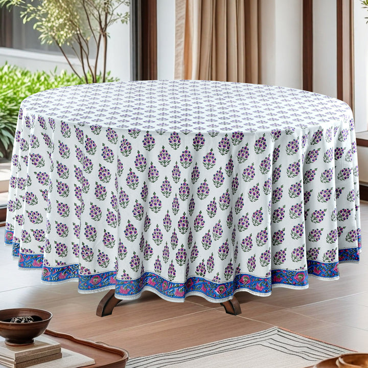 Rudy Blue Border, Pink and Green Indian Floral Block Printed Cotton Round Table cover