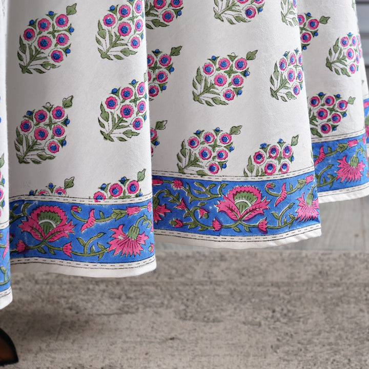 Rudy Blue Border, Pink and Green Indian Floral Block Printed Cotton Round Table cover