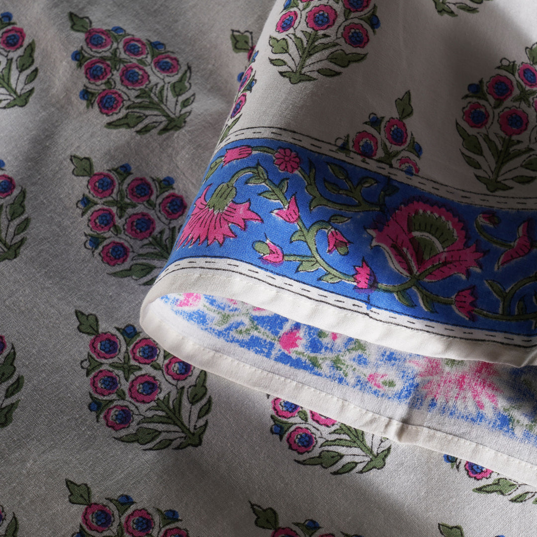 Rudy Blue Border, Pink and Green Indian Floral Block Printed Cotton Round Table cover