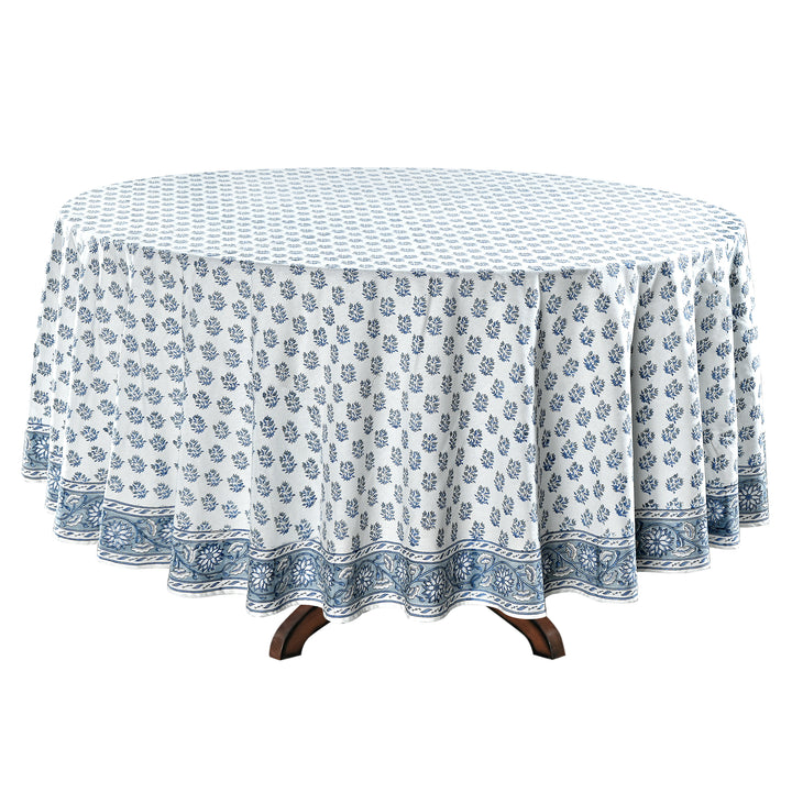 Sky and Beau Blue Indian Floral Hand-Block Printed Cotton Cloth Round Tablecloth