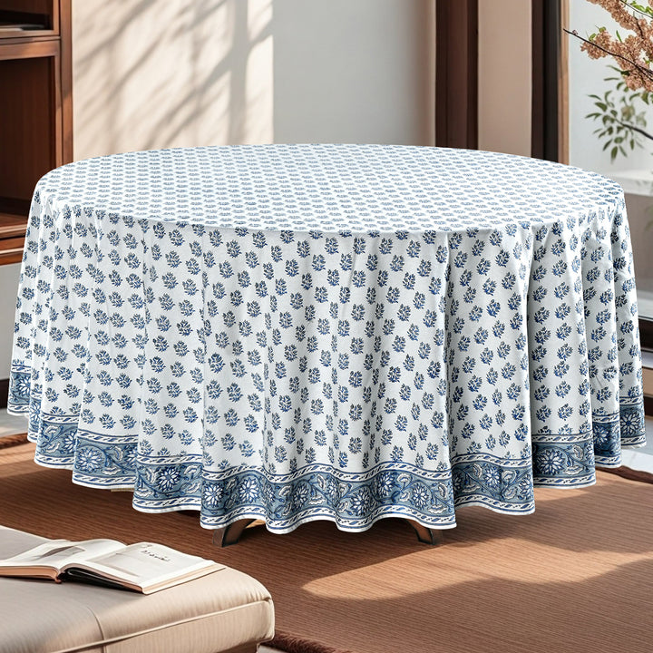 Sky and Beau Blue Indian Floral Hand-Block Printed Cotton Cloth Round Tablecloth