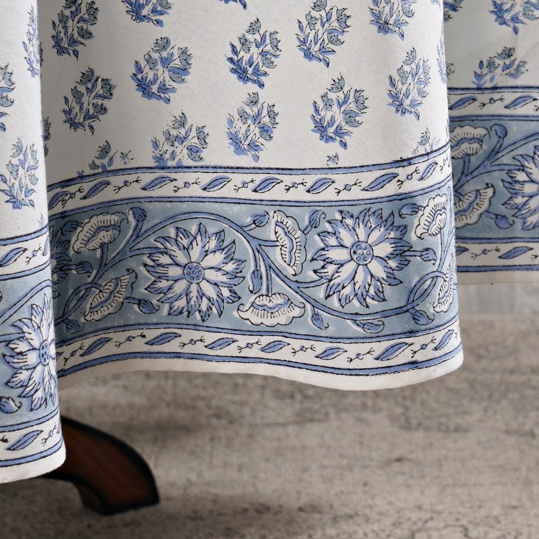 Sky and Beau Blue Indian Floral Hand-Block Printed Cotton Cloth Round Tablecloth