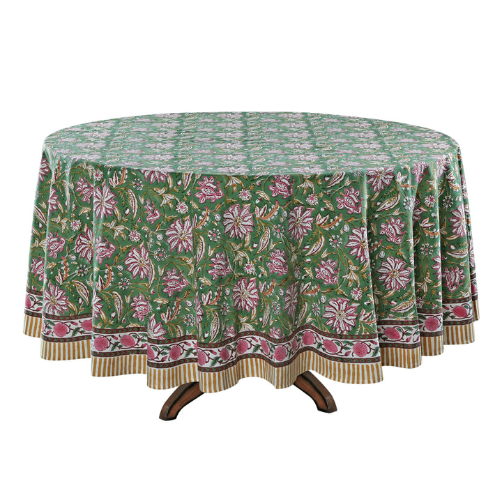 Viridian Green Indian Hand Block Floral Printed Pure Cotton Cloth Round Tablecloth