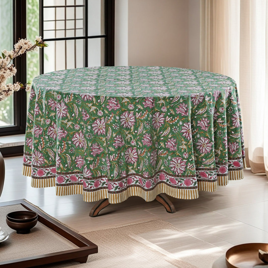 Viridian Green Indian Hand Block Floral Printed Pure Cotton Cloth Round Tablecloth