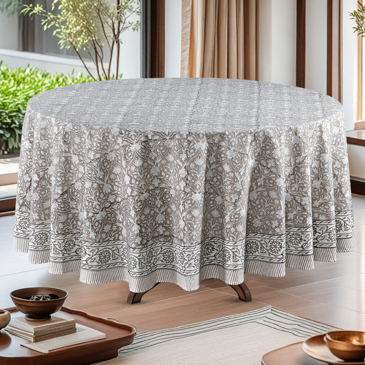 Taupe Gad Indian Floral Hand-Block Printed Cotton Round Tablecloth