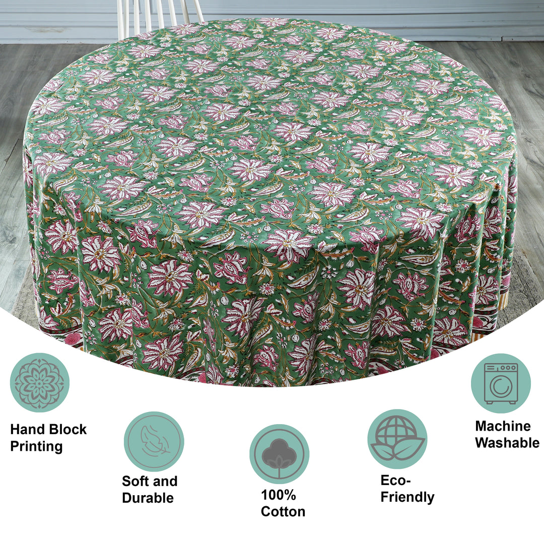 Viridian Green Indian Hand Block Floral Printed Pure Cotton Cloth Round Tablecloth