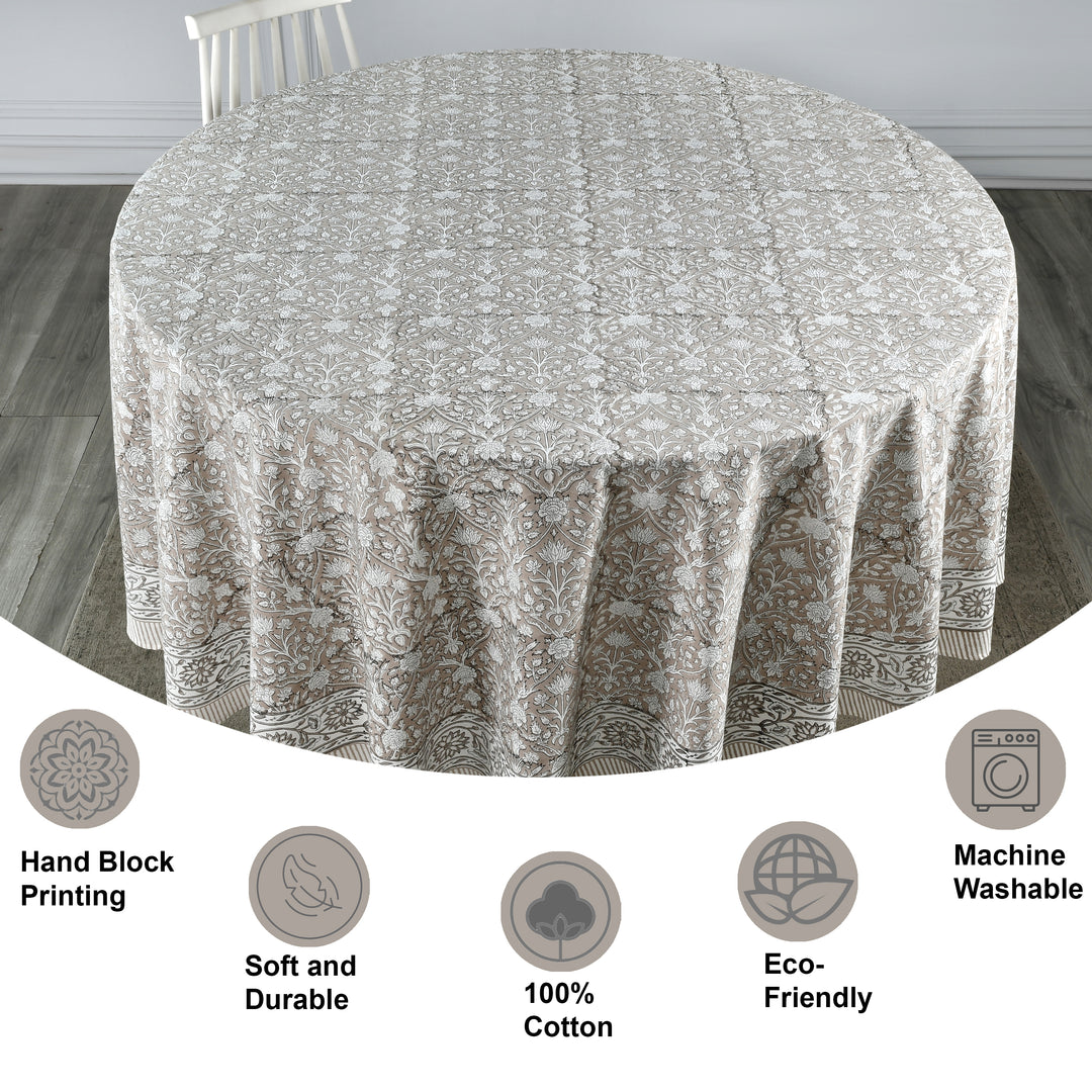 Taupe Gad Indian Floral Hand-Block Printed Cotton Round Tablecloth