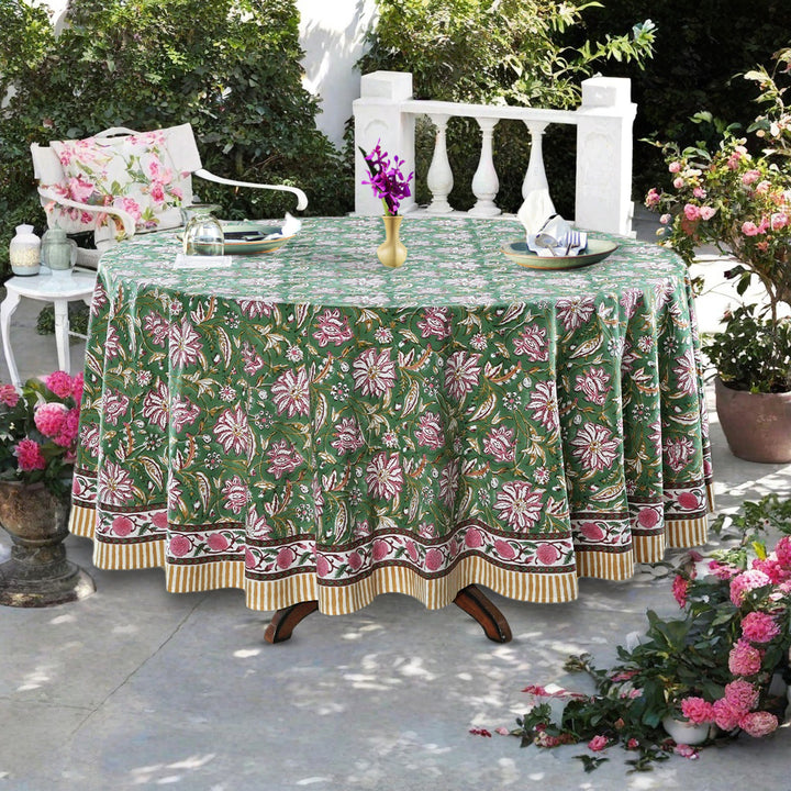 Viridian Green Indian Hand Block Floral Printed Pure Cotton Cloth Round Tablecloth