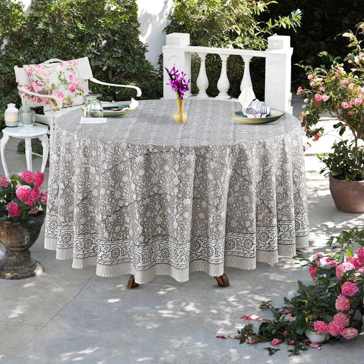 Taupe Gad Indian Floral Hand-Block Printed Cotton Round Tablecloth