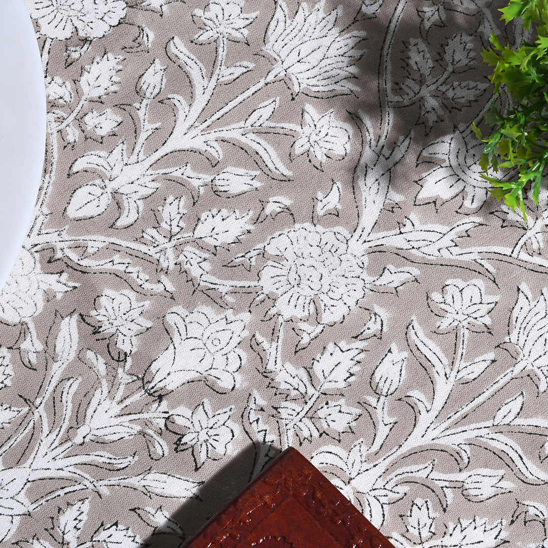 Taupe Gad Indian Floral Hand-Block Printed Cotton Round Tablecloth