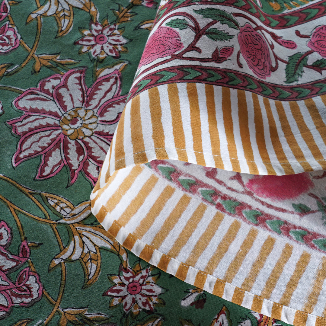 Hunter Green Indian Floral Hand-Block Printed Cotton Round Tablecloth