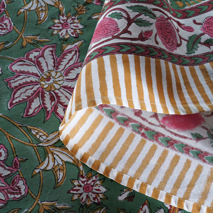 Hunter Green Indian Floral Hand-Block Printed Cotton Round Tablecloth