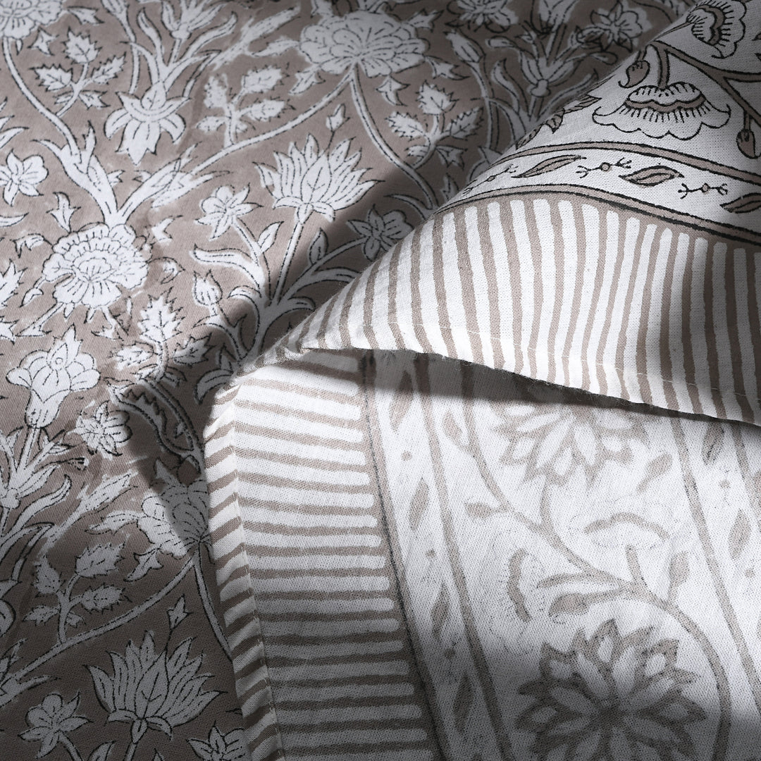 Taupe Gad Indian Floral Hand-Block Printed Cotton Round Tablecloth