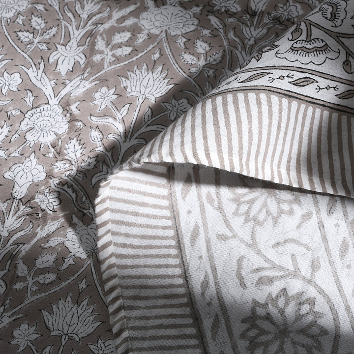 Taupe Gad Indian Floral Hand-Block Printed Cotton Round Tablecloth