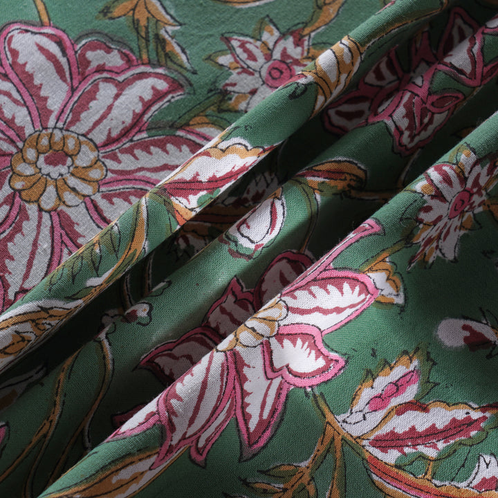 Hunter Green Indian Floral Hand-Block Printed Cotton Round Tablecloth