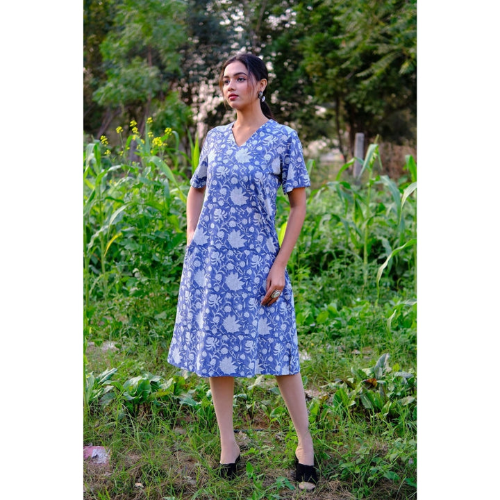 Aegean Blue Block Print Cotton Tunic with Pockets